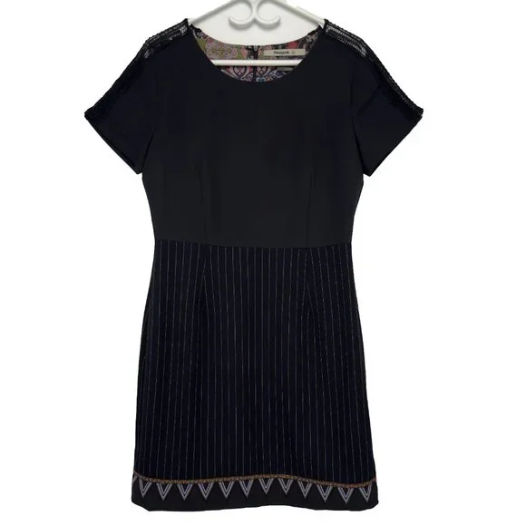 DESIGUAL  Pinstripe Lace Shoulder & Embroidered Hem Black Sheath LBD Dress EU 40 - Picture 5 of 11
